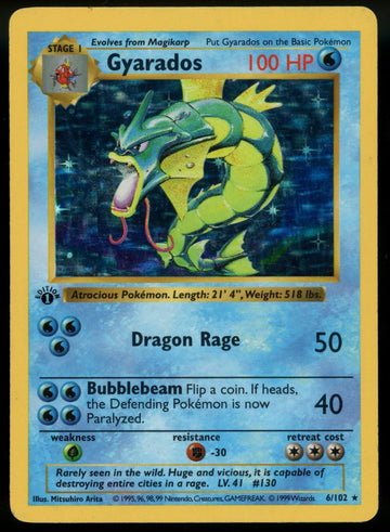 1999 Pokemon Shadowless Gyarados Base Set 1st Edition 6/102 MP