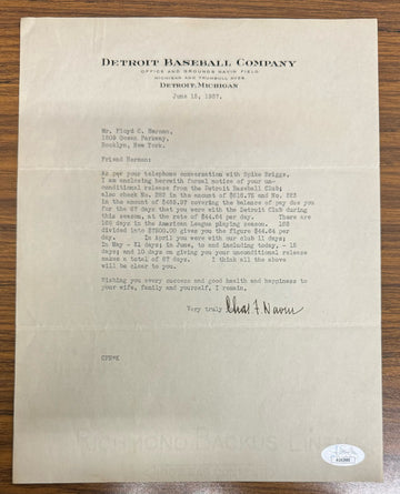 Charles Navin Signed Autographed Letter Detroit Tigers JSA