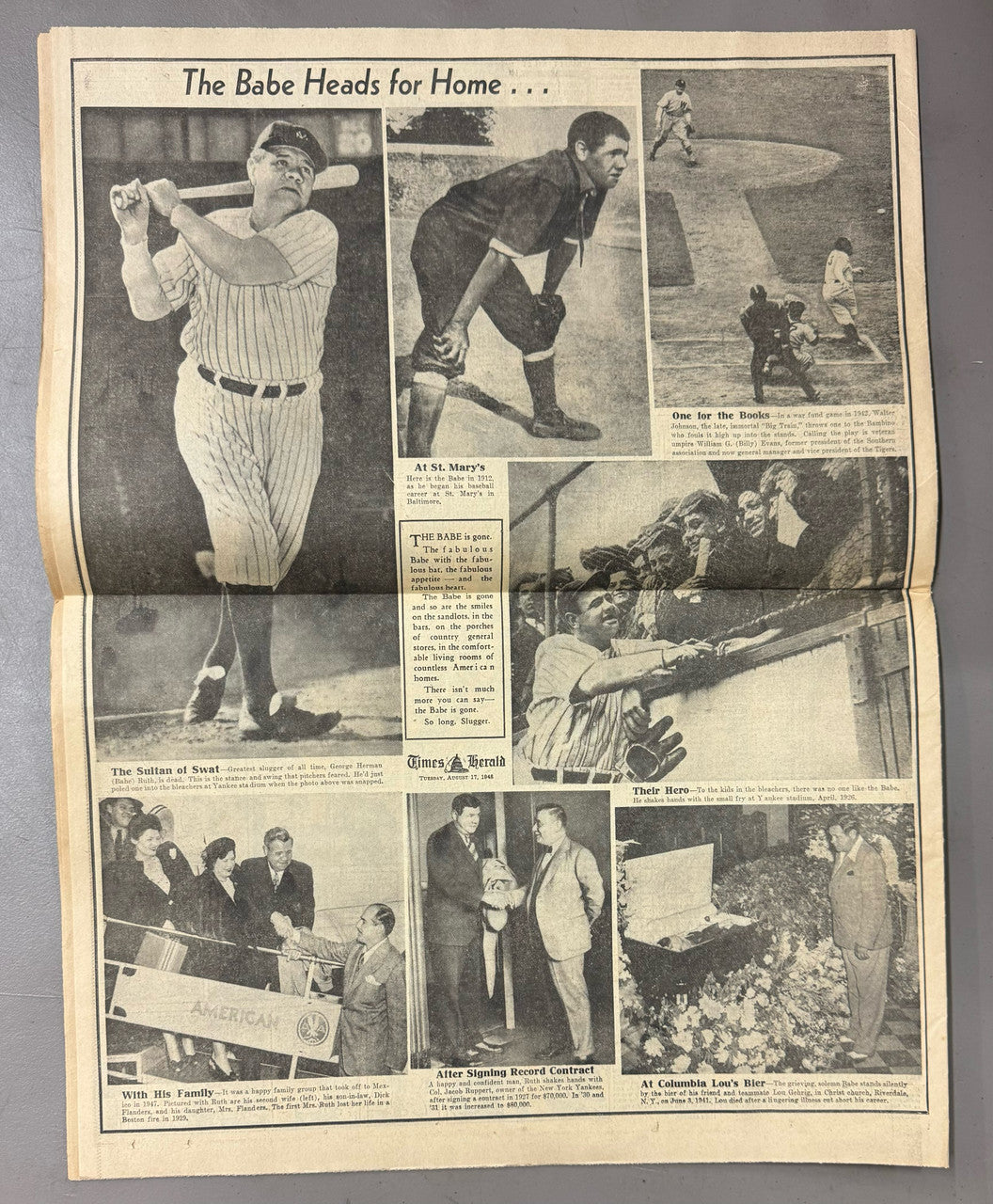 August 1948 Times Herald Babe Ruth Dies Newspaper