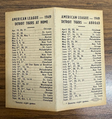 1949 Detroit Tigers Baseball Schedule Macko Men's Apparel
