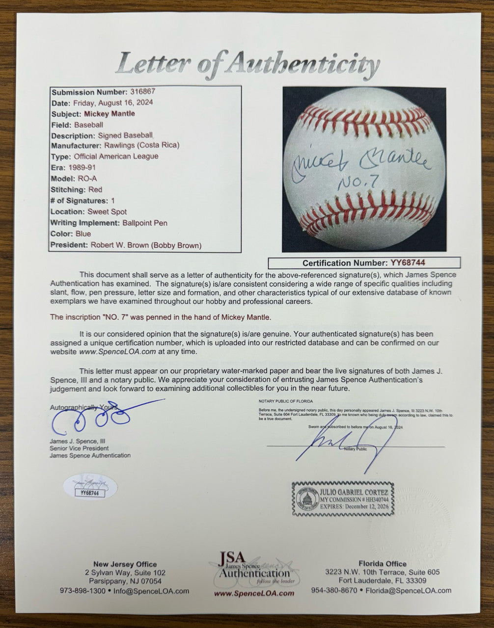 Mickey Mantle Signed Autographed Inscribed Rawlings OAL Baseball JSA