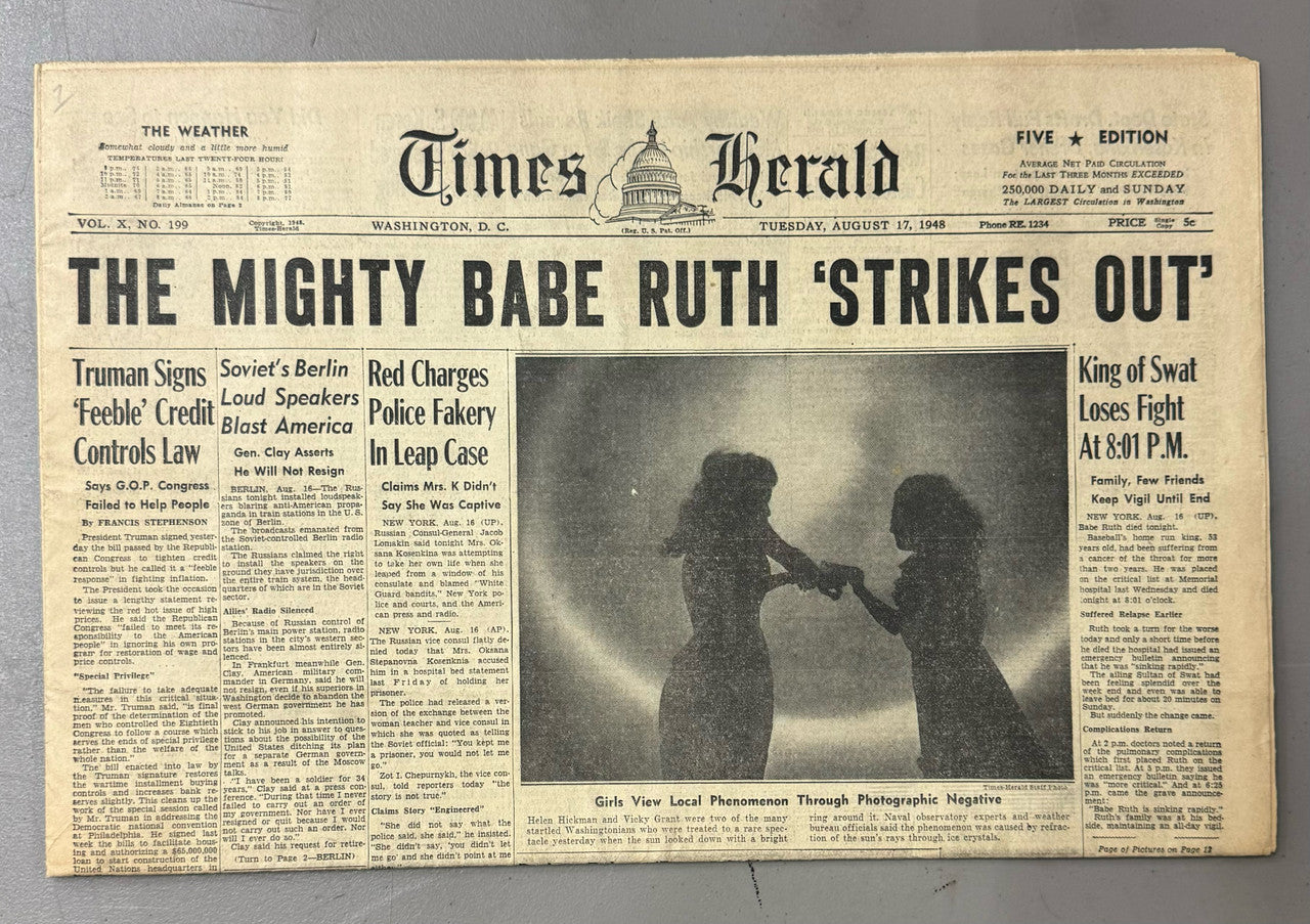 August 1948 Times Herald Babe Ruth Dies Newspaper