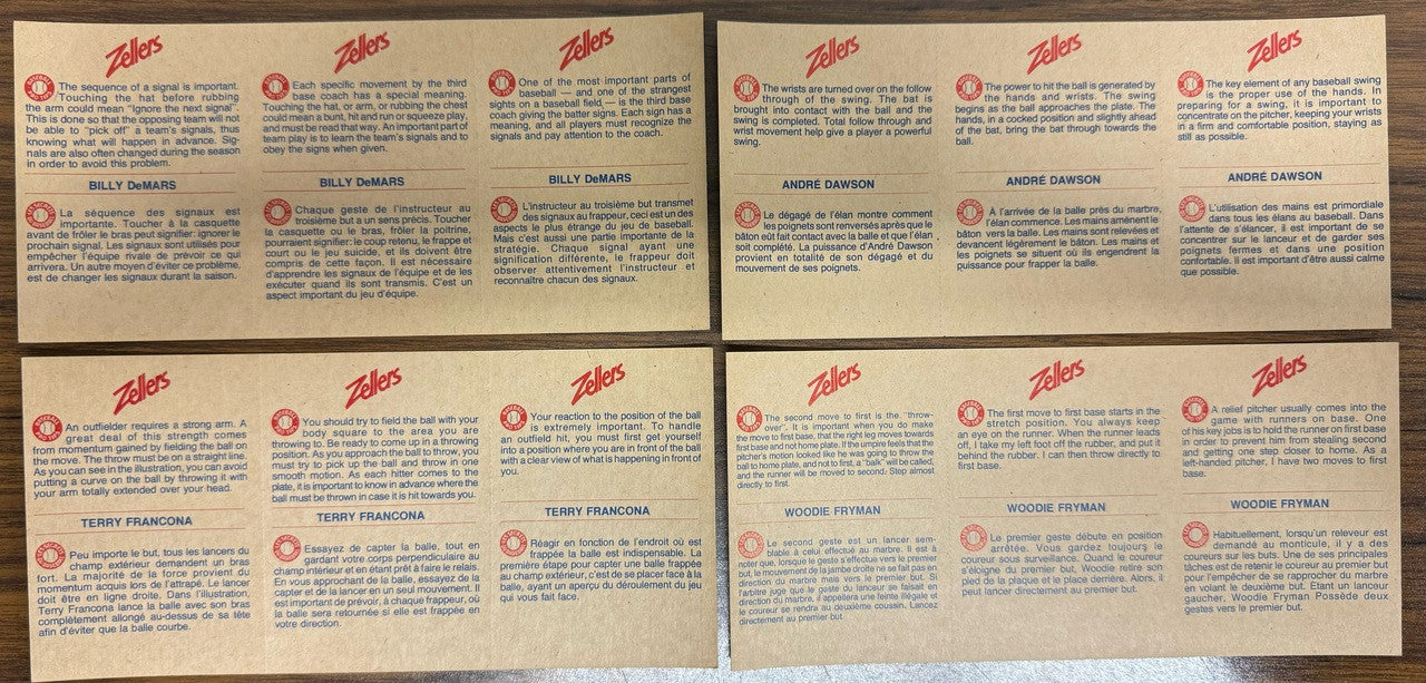 1982 Zellers Baseball Complete Panel Set - 20 Panels - 60 Cards