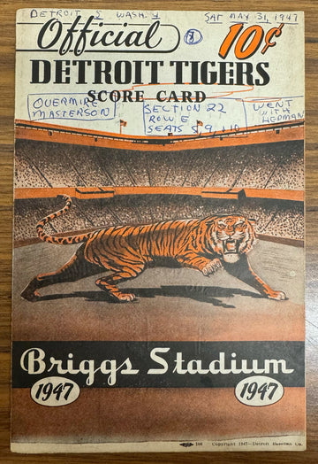 1947 Detroit Tigers vs Washington Senators Official Score Card
