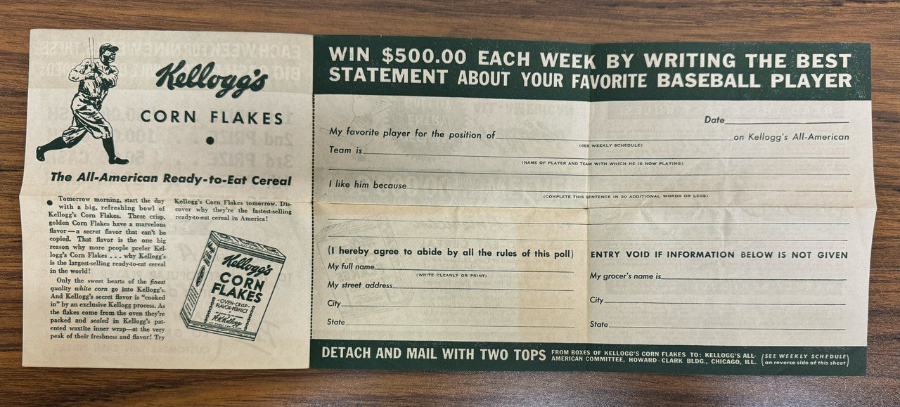 1938 Kellogg's All-American Baseball Poll Official Entry Ballot
