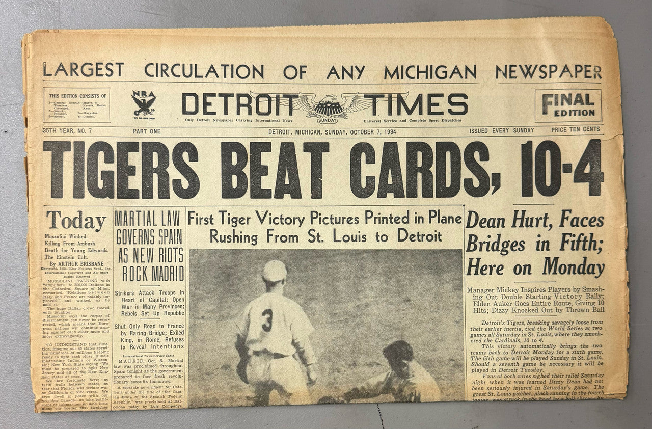 October 1934 Detroit Tigers World Series Detroit Times Newspaper Section