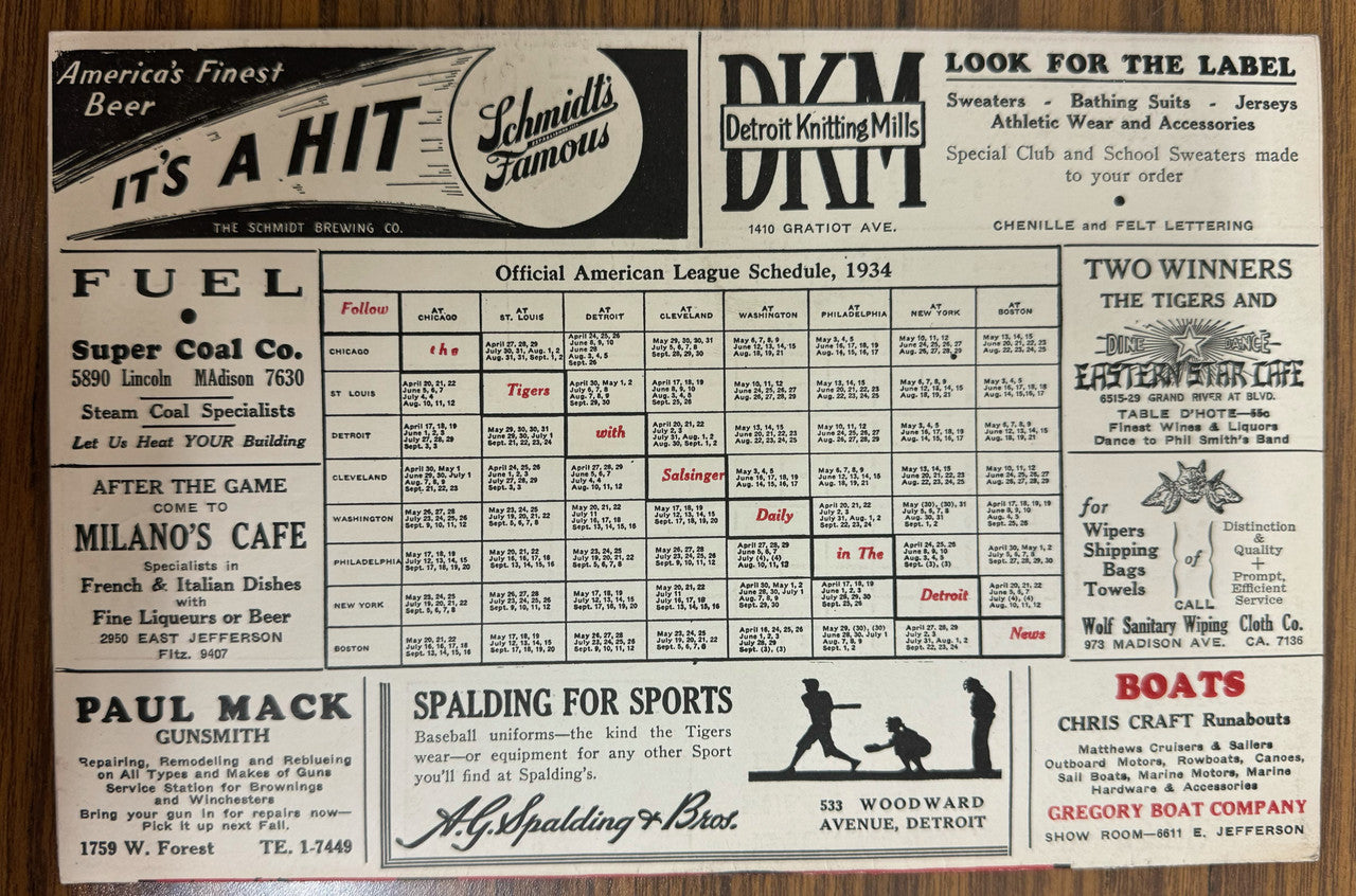 1934 Detroit Tigers vs New York Yankees Score Card Babe Ruth Lou Gehrig