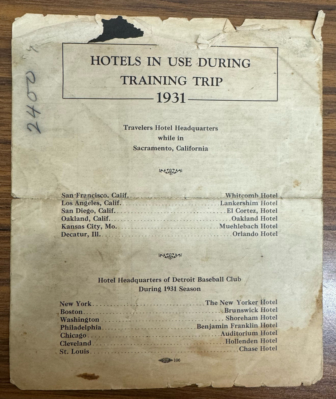 1931 Detroit Tigers Spring Training Player Roster