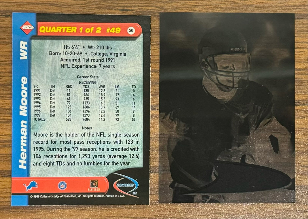 1998 Collector's Edge Herman Moore Lot of 2 Quarter 1 #49 + Printing Film