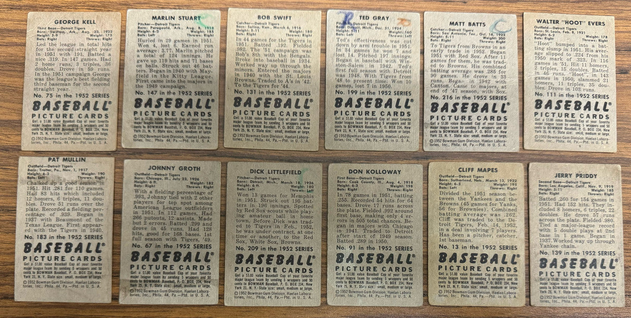 1952 Bowman Detroit Tigers Team Set (17) Kell Low Grade