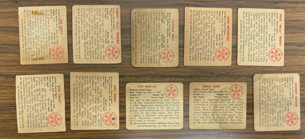 1950 Bowman Detroit Tigers Team Set (19) Low Grade