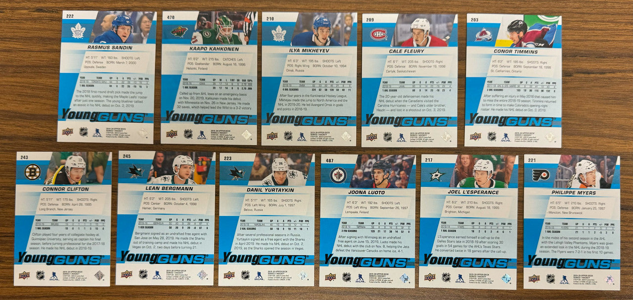 2019-20 Upper Deck Series 1 & 2 Young Guns Lot of 11 Kahkonen Sandin