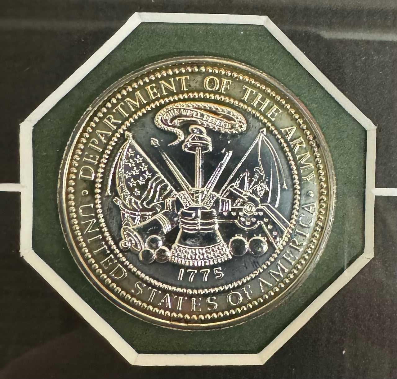 Department of the Army 1775 Silver Coin with Etched Glass in Frame
