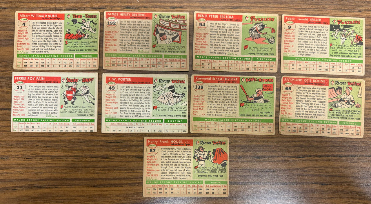 1955 Topps Detroit Tigers Team Set (9) Kaline VG Overall