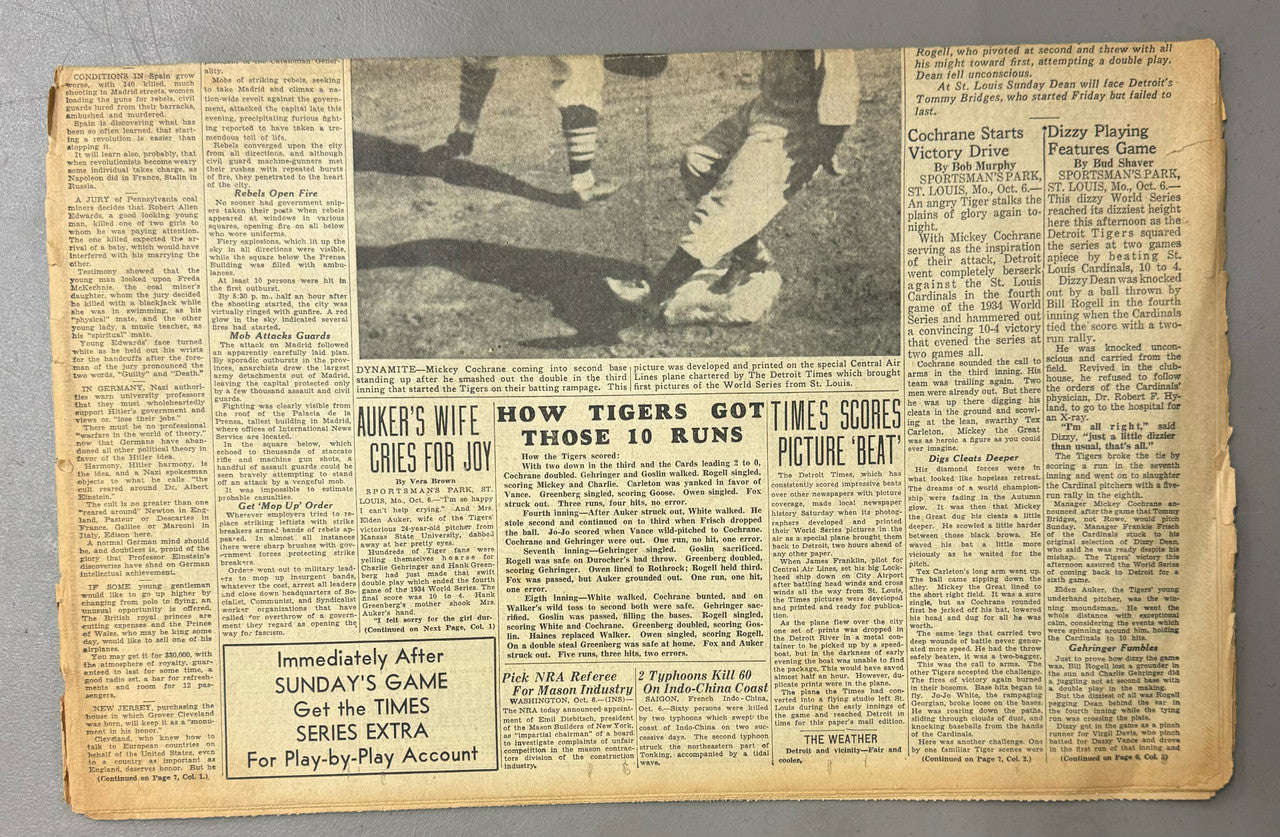 October 1934 Detroit Tigers World Series Detroit Times Newspaper Section