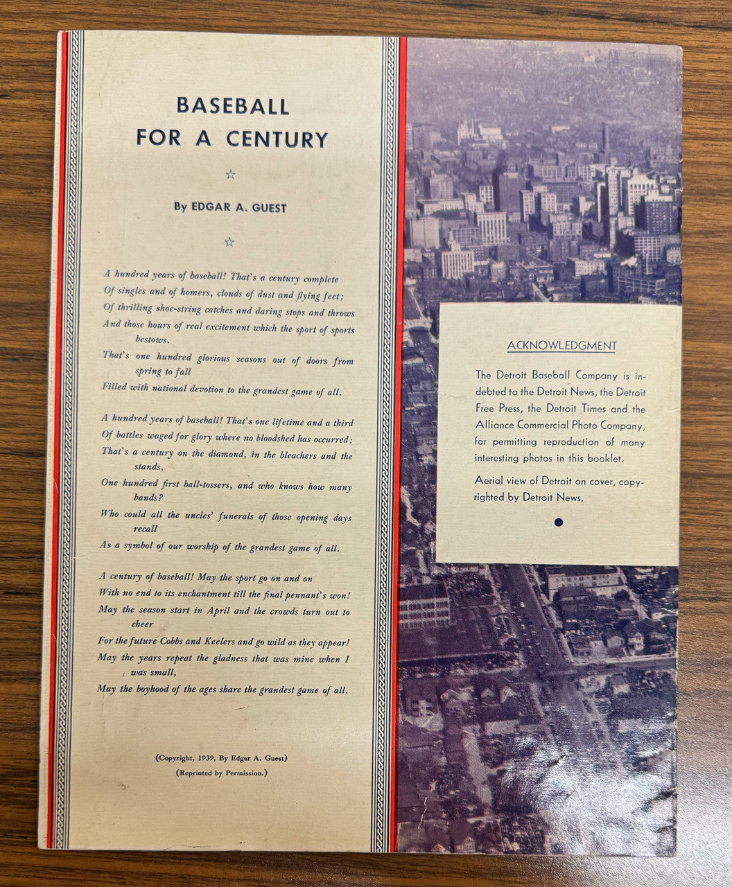 1939 Detroit Tigers Baseball Centennial Souvenir Program