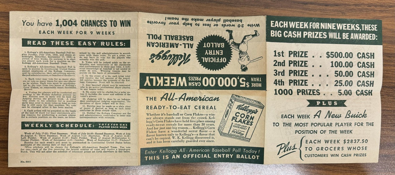 1938 Kellogg's All-American Baseball Poll Official Entry Ballot