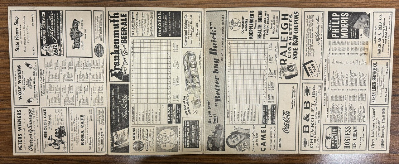 1939 Detroit Tigers vs Philadelphia Athletics Official Score Card