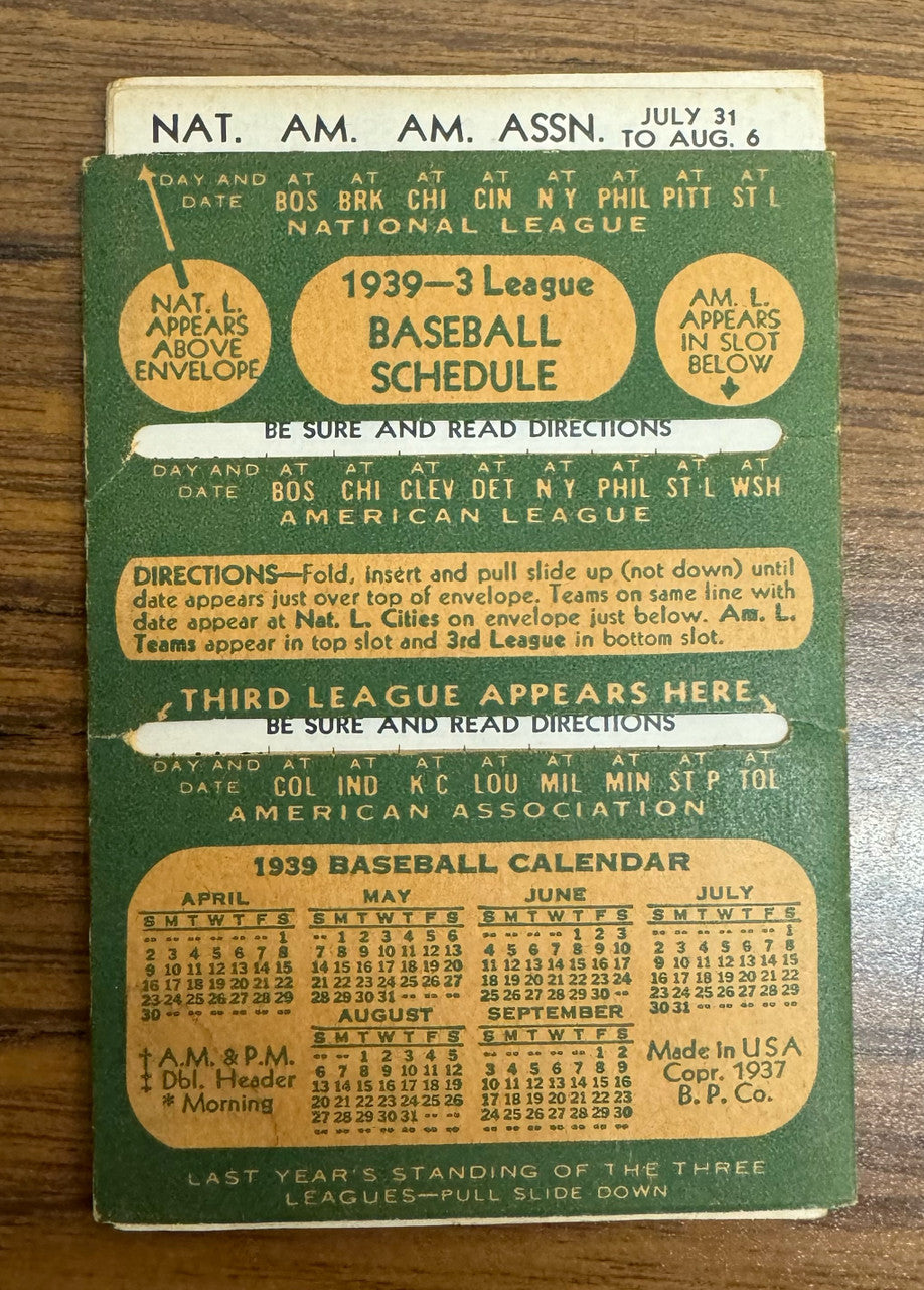 1939 Lafayette Cigar Store 3 League Baseball Schedule