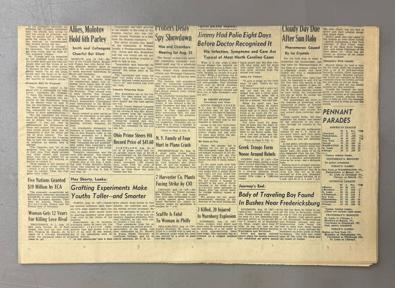 August 1948 Times Herald Babe Ruth Dies Newspaper