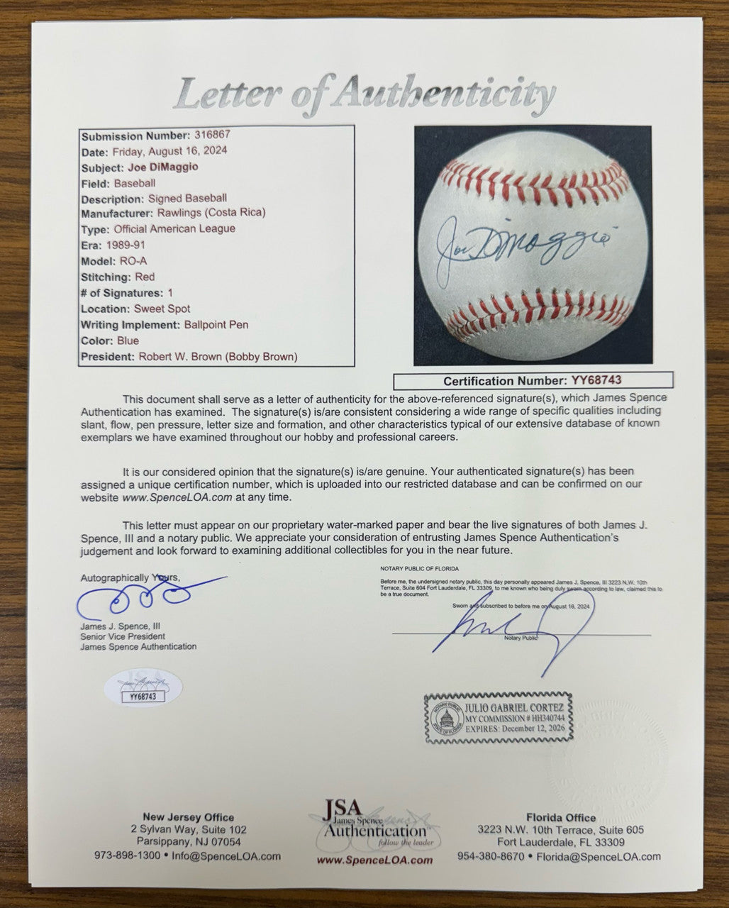 Joe DiMaggio Signed Autographed Rawlings OAL Baseball JSA