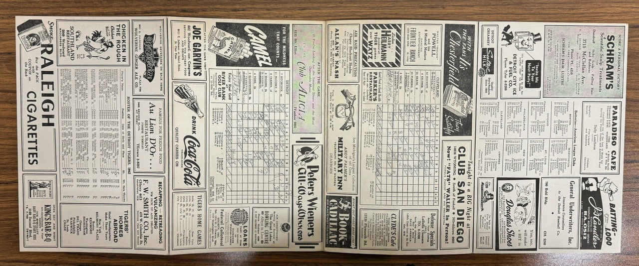 1942 Detroit Tigers vs Cleveland Indians Official Score Card