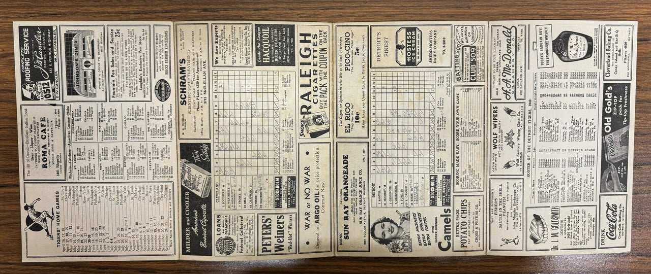 1940 Detroit Tigers vs Cleveland Indians Official Score Card