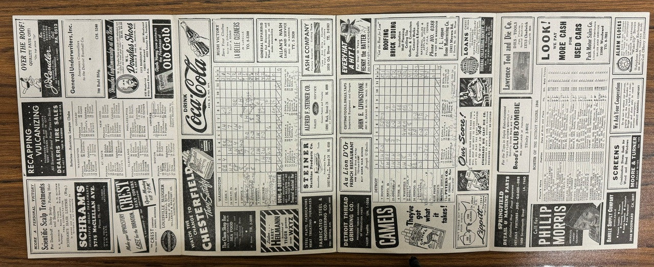 1944 Detroit Tigers vs Washington Senators Score Card