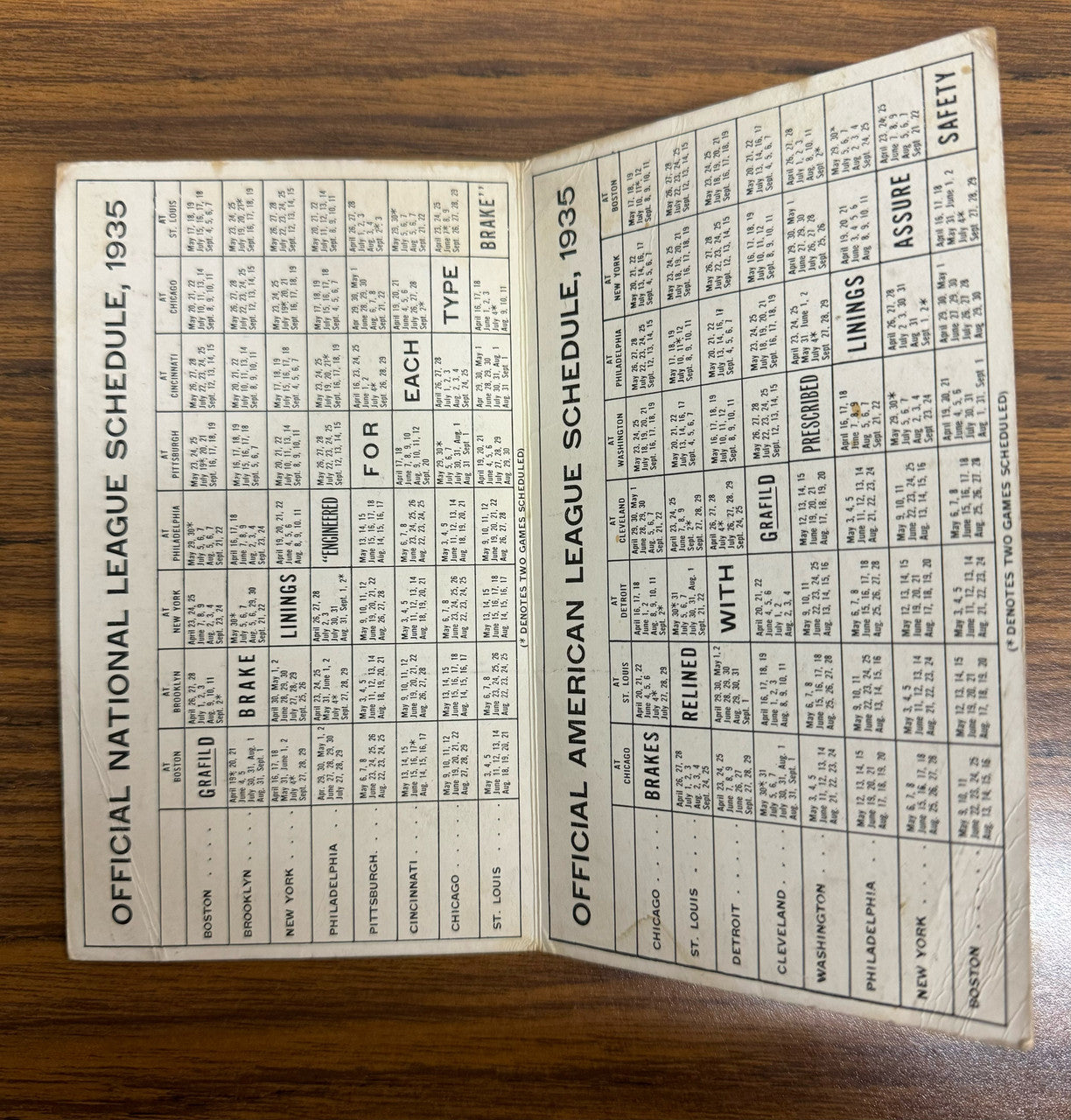 1935 National & American Leagues Baseball Schedules Grafild Brake Linings