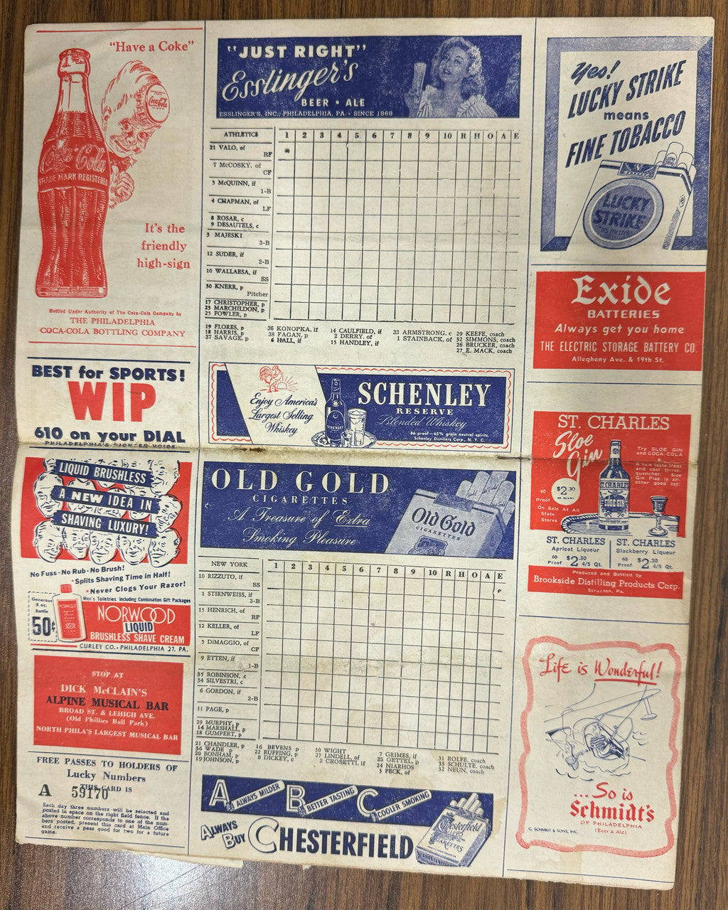 1946 Philadelphia Athletics Score Card Program vs. New York Yankees Dimaggio