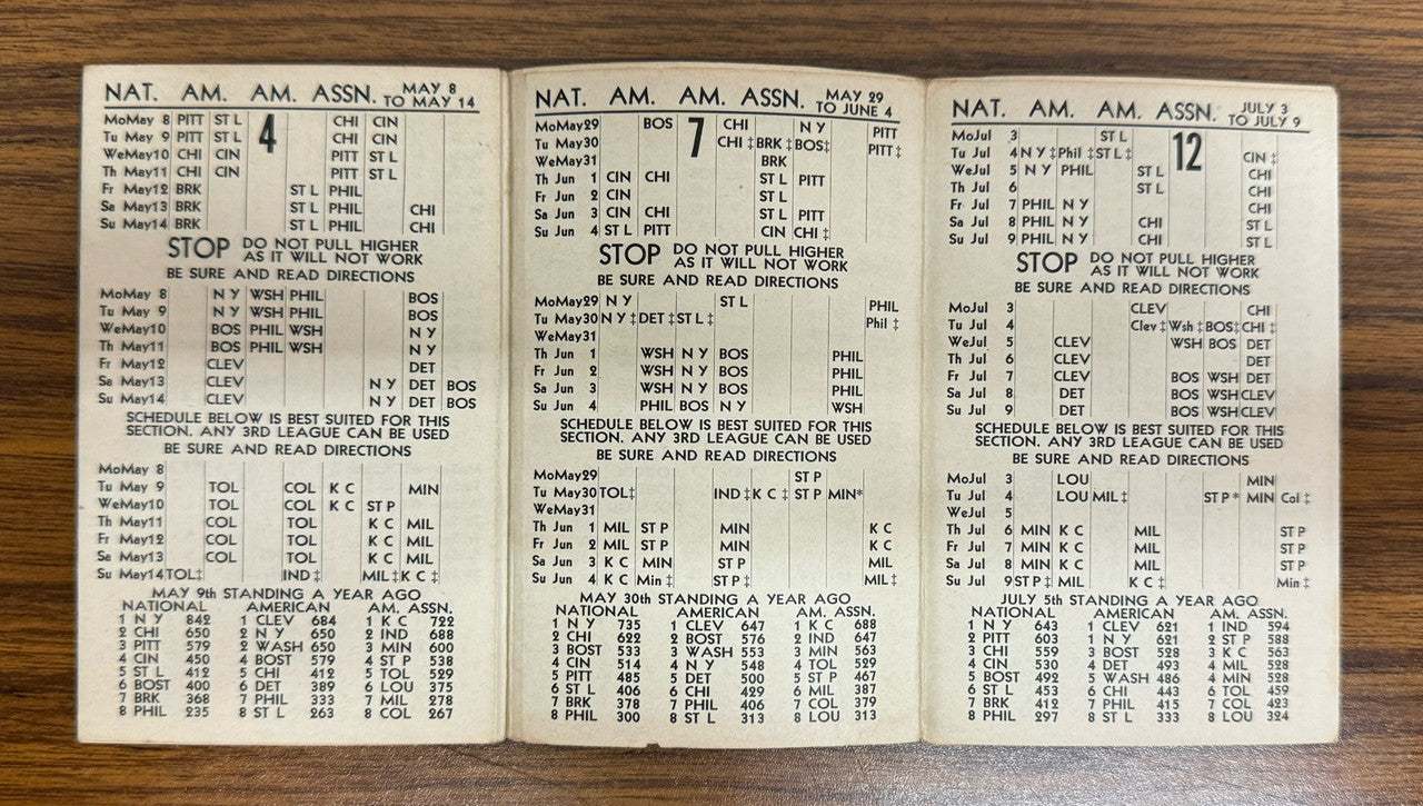 1939 Lafayette Cigar Store 3 League Baseball Schedule