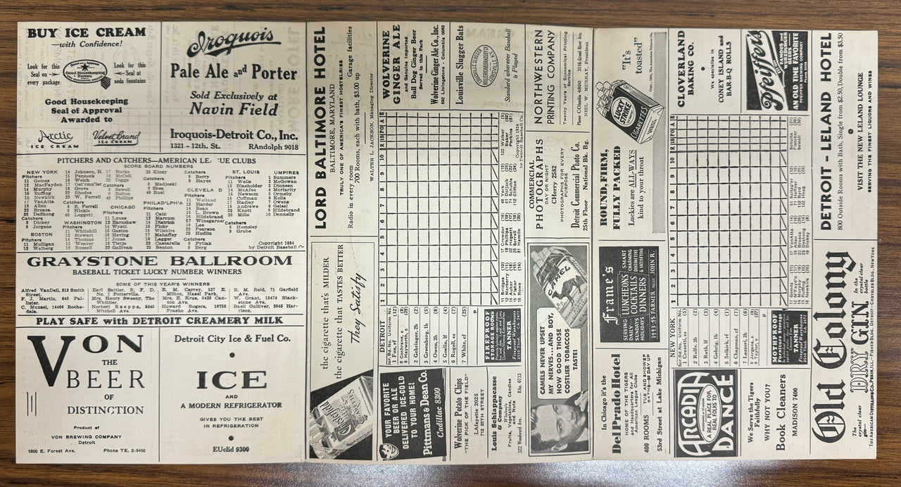 1934 Detroit Tigers vs New York Yankees Score Card Babe Ruth Lou Gehrig