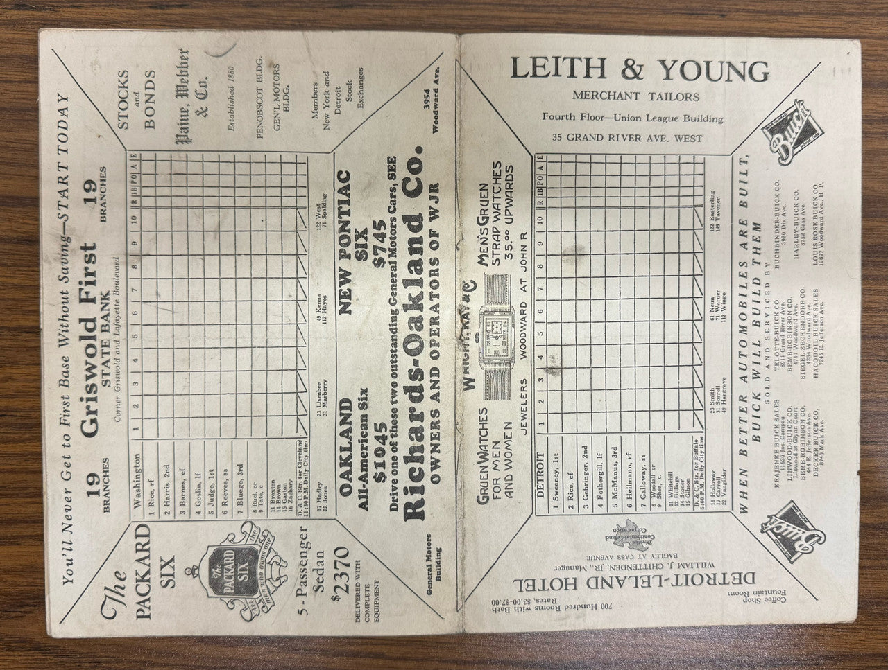 1928 Detroit Tigers vs Washington Senators Official Score Card