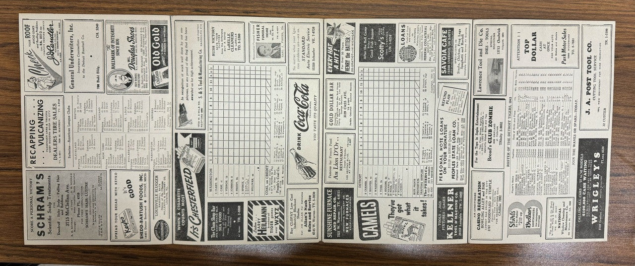 1943 Detroit Tigers vs Washington Senators Official Score Card