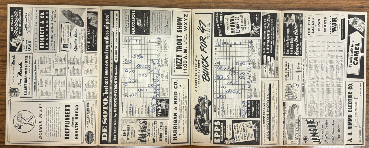 1947 Detroit Tigers vs Washington Senators Official Score Card