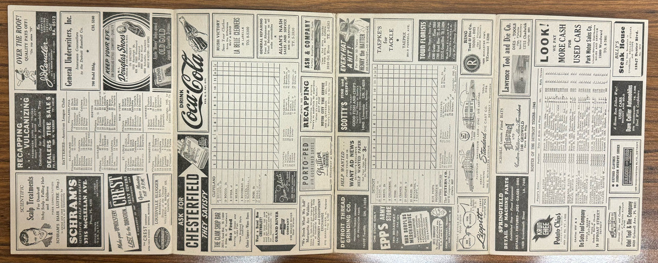 1945 Detroit Tigers vs Cleveland Indians Official Score Card