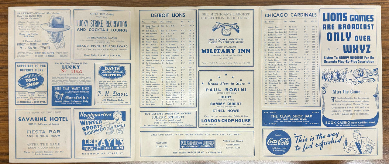 October 18 1942 Detroit Lions vs. Chicago Cardinals Football Program