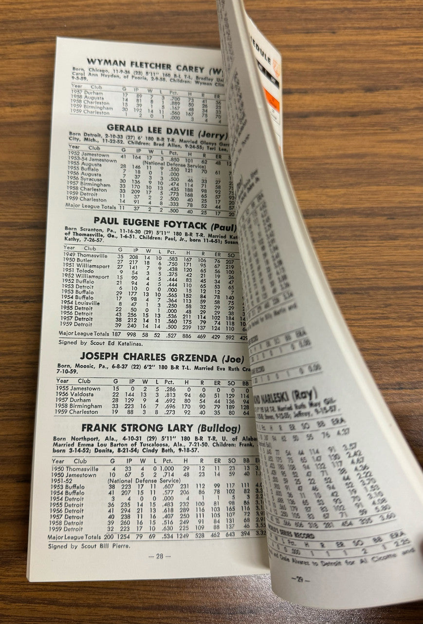 1960 Detroit Tigers Roster Book Media Guide