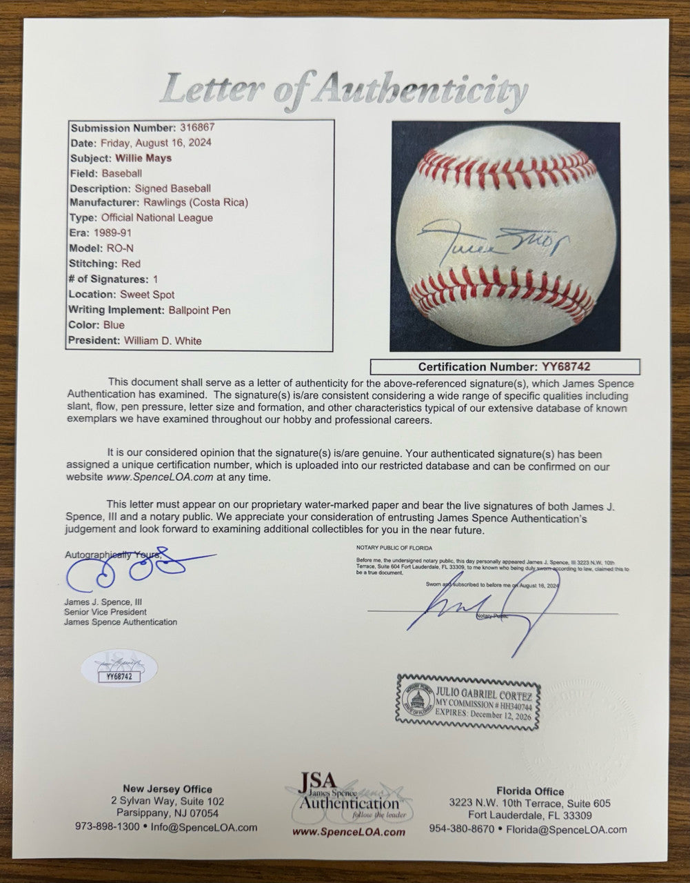 Willie Mays Signed Autographed Rawlings ONL Baseball JSA