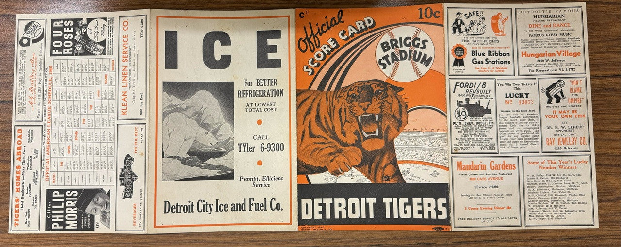1940 Detroit Tigers vs Cleveland Indians Official Score Card