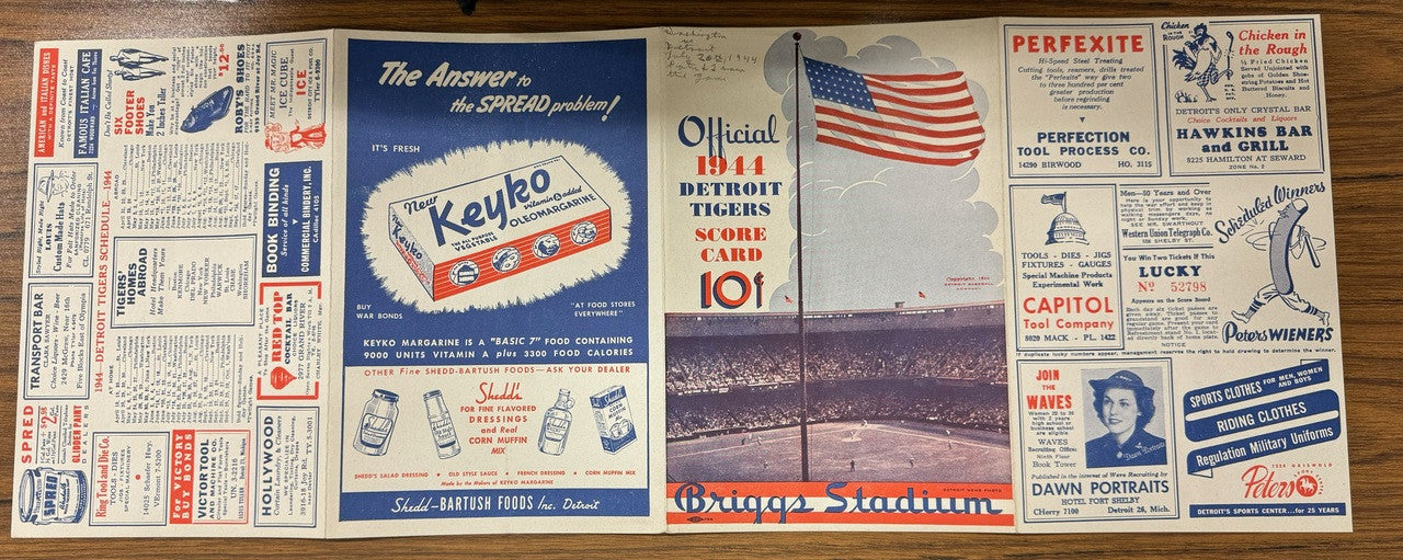 1944 Detroit Tigers vs Washington Senators Score Card