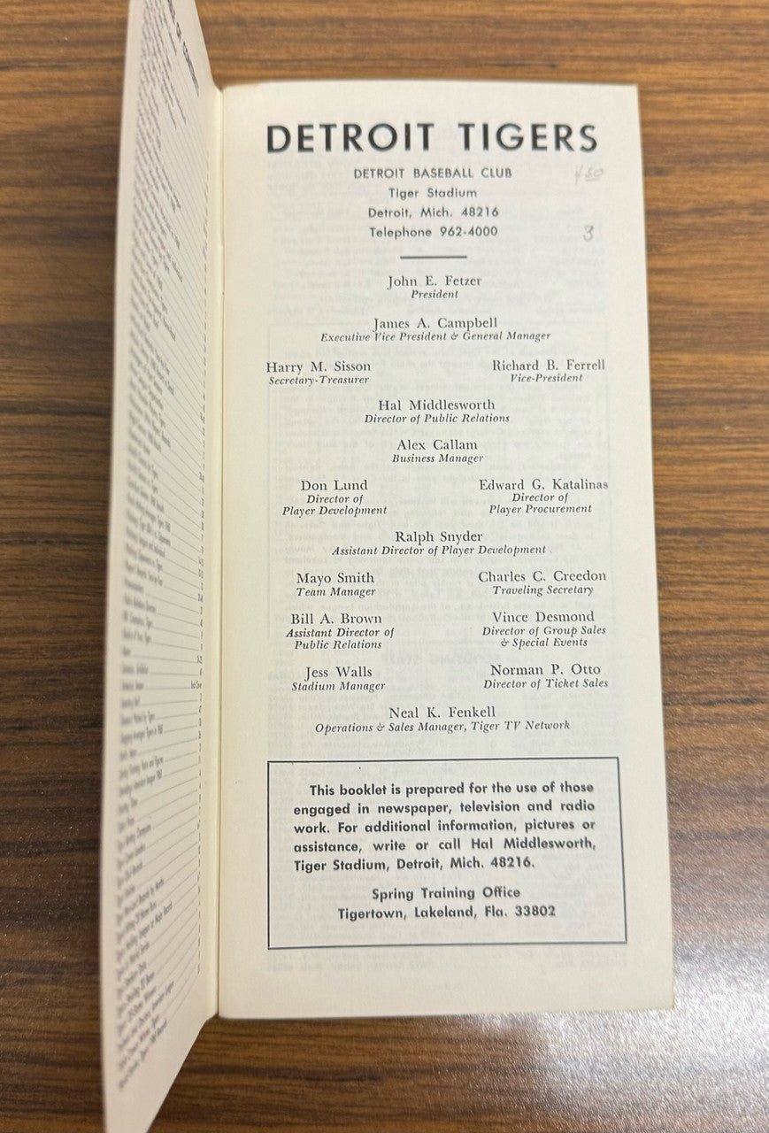 1969 Detroit Tigers Press TV Radio Media Guide