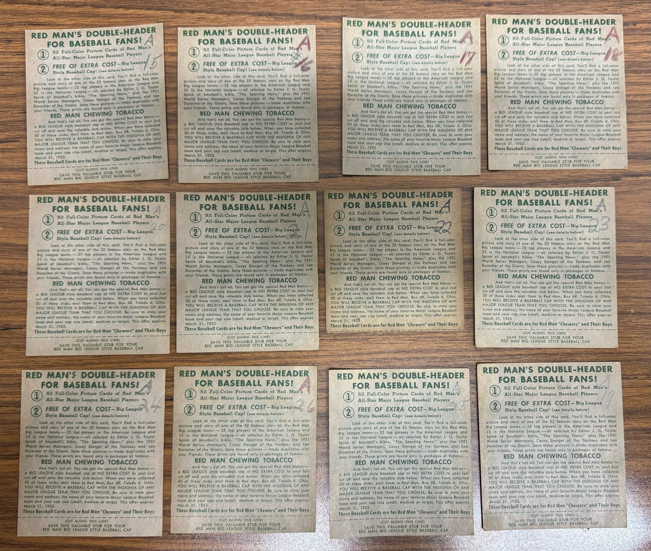 1952 Red Man Tobacco Baseball Complete Set (52) w/ Tabs Low Grade
