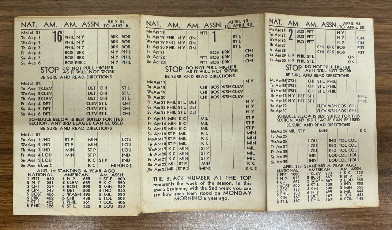 1939 Lafayette Cigar Store 3 League Baseball Schedule