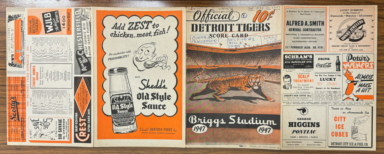1947 Detroit Tigers vs Washington Senators Official Score Card