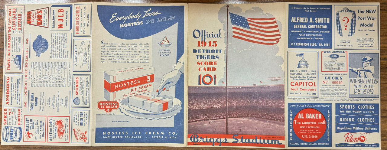1945 Detroit Tigers vs Cleveland Indians Official Score Card