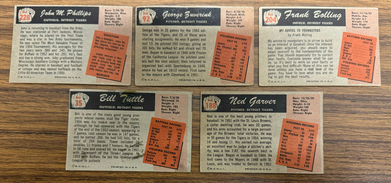 1955 Bowman Detroit Tigers Team Set (17) Kaline Low Grade