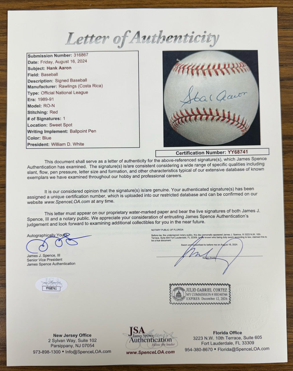 Hank Aaron Signed Autographed Rawlings ONL Baseball JSA