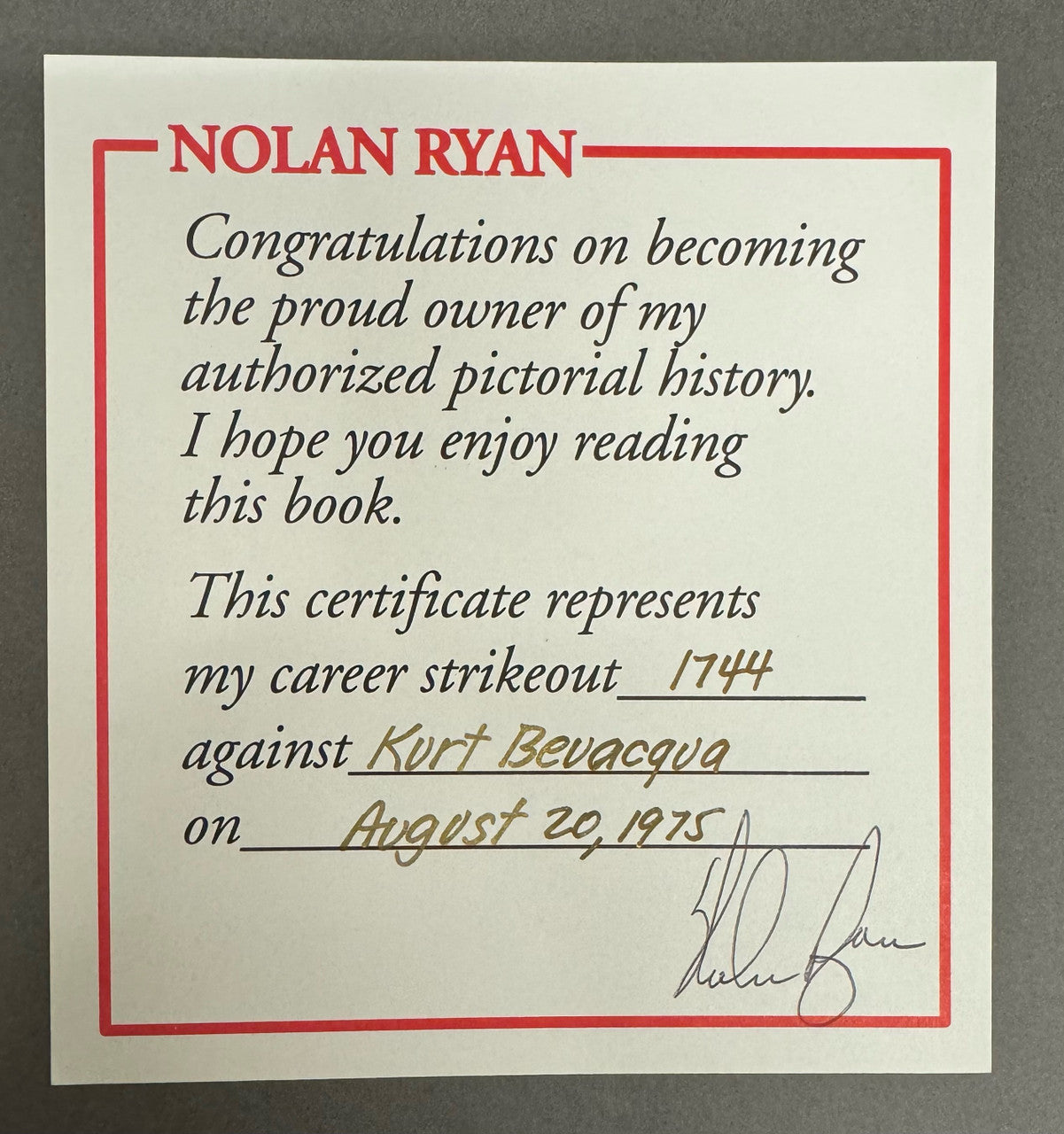 Nolan Ryan Signed Autographed Authorized Pictorial History Book COA