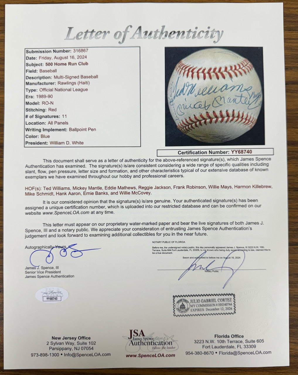 500 HR Club Signed Autographed ONL Baseball Mantle Williams Mays Aaron ++ JSA